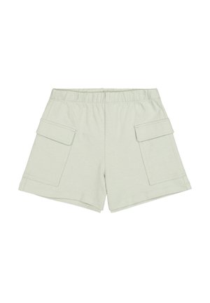 Helle grüne Baumwollshorts mit einem elastischen Bund, ausgestattet mit zwei seitlichen Cargo-Taschen und einem lässigen Schnitt. Glatte Textur, lässiges Design.