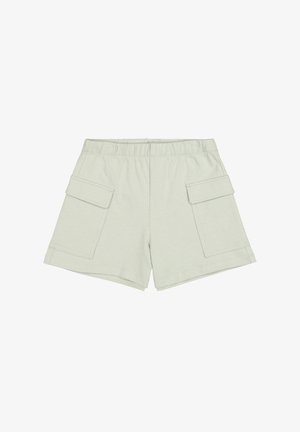 Jasnozielone bawełniane szorty z elastycznym paskiem, z dwoma bocznymi kieszeniami cargo i luźnym krojem. Gładka struktura, casualowy styl.