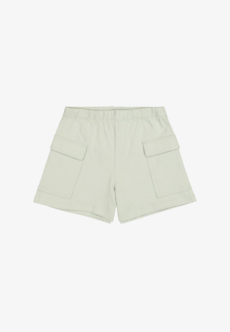 Jasnozielone bawełniane szorty z elastycznym paskiem, z dwoma bocznymi kieszeniami cargo i luźnym krojem. Gładka struktura, casualowy styl.