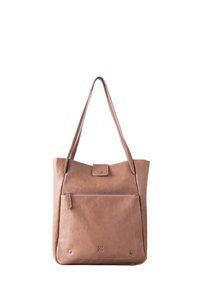 Brown leather tote bag with a single pocket, snap closure, and long straps. Features visible stitching and minimal hardware accents.