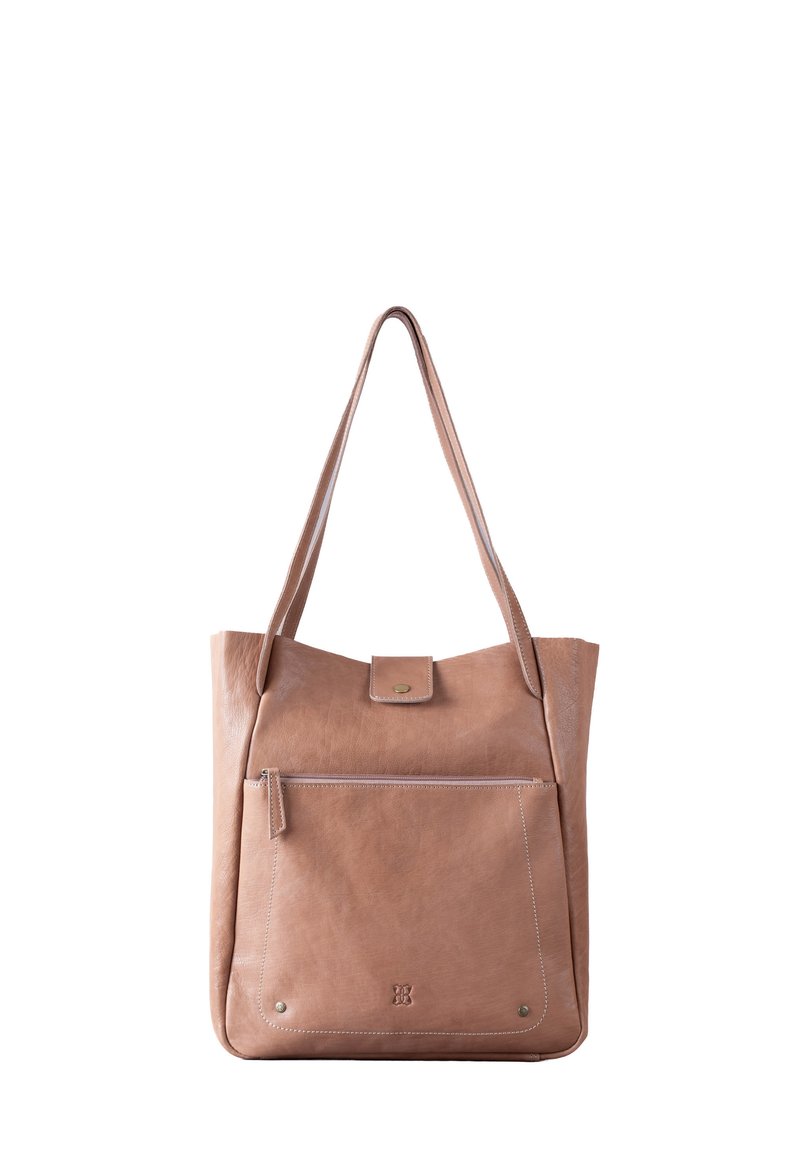 Brown leather tote bag with a single pocket, snap closure, and long straps. Features visible stitching and minimal hardware accents.