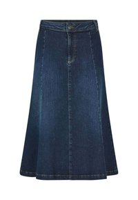 Jupe en denim bleu foncé, avec une forme évasée en A, une taille ajustée et des détails de couture discrets le long des coutures.