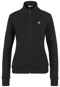 Giacca nera con zip realizzata in materiale liscio e elastico; presenta un colletto alto, maniche lunghe e un piccolo logo sul petto.