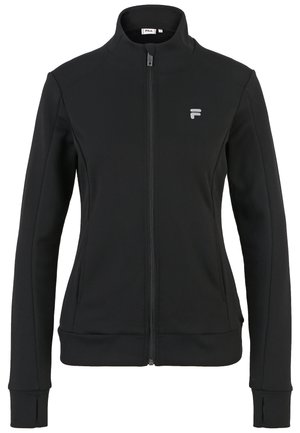Zwarte zip-up jas van glad, rekbaar materiaal; voorzien van een hoge kraag, lange mouwen en een klein logo op de borst.