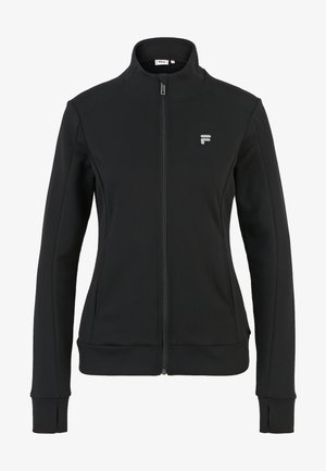 Chaqueta negra con cremallera fabricada con un material suave y elástico; cuenta con un cuello alto, mangas largas y un pequeño logotipo en el pecho.