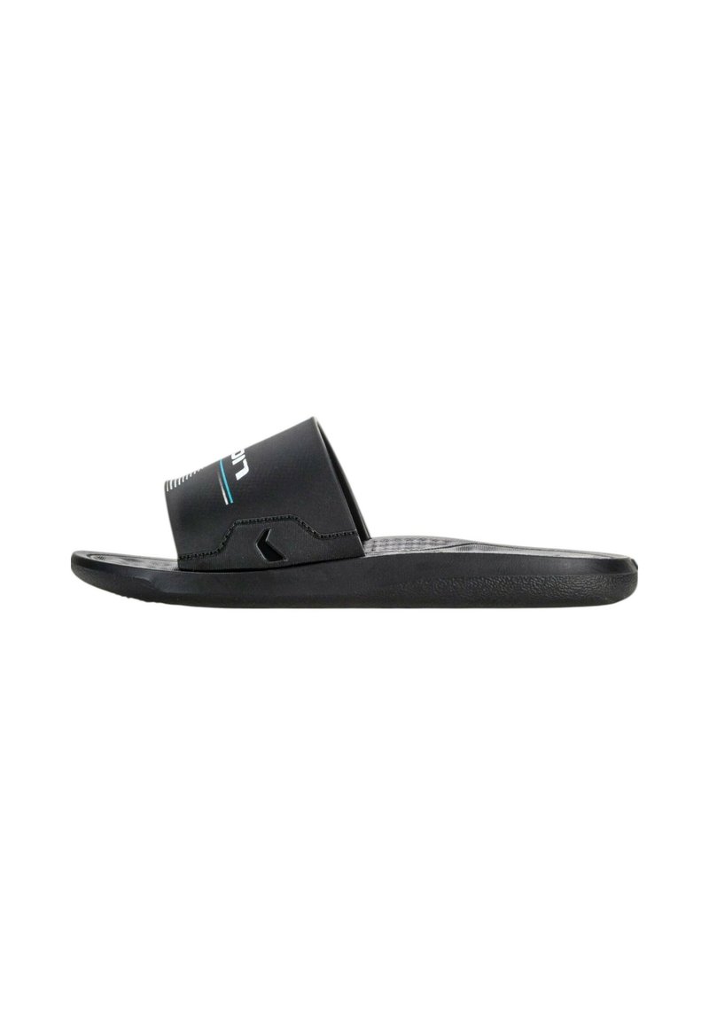 Sandali neri slip-on con una parte superiore in texture liscia, caratterizzati da un logo audace. La suola è piatta e leggermente sagomata per garantire comfort.