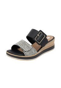 Schwarz-weiße Keilsandalen mit zwei breiten Riemen, einem strukturierten Hahnentrittmuster auf dem vorderen Riemen und einem quadratischen goldenen Schnallenakzent.