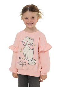 Jasnoróżowy sweatshirt z falbanami na rękawach, z grafiką kota i napisem "Jestem tak Purrfect". Miękka tekstura, casualowy krój i okrągły dekolt.
