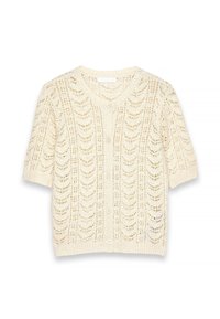 Cárdigan corto de punto color crema con patrón calado en forma de ondas y cuatro botones delanteros sobre un fondo blanco.
