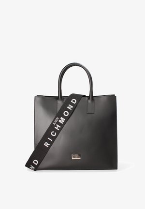 Borsa tote in pelle nera con texture liscia, dotata di due manici superiori e una tracolla removibile con logo. Piccolo dettaglio in metallo con logo sul fronte.