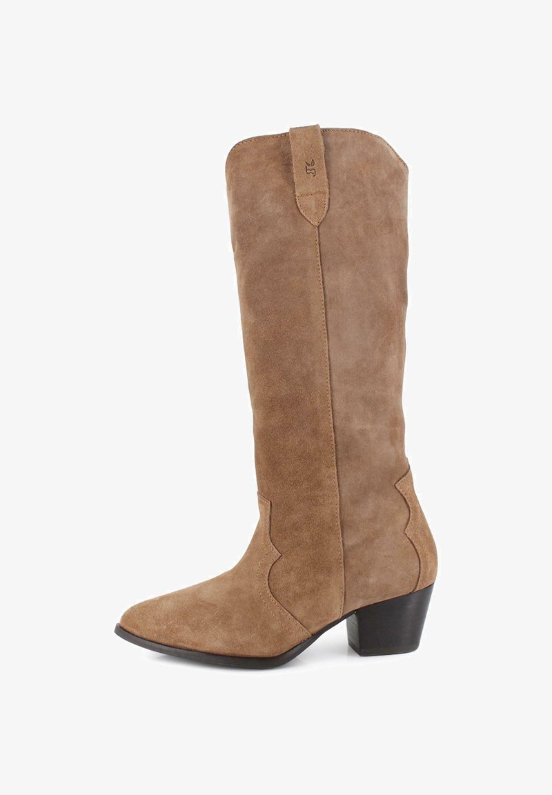 Bota de ante marrón hasta la rodilla con puntera puntiaguda y costuras decorativas. Presenta un tacón apilado y una lengüeta en el eje.