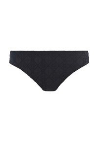 Black lace bikini bottom with a geometric diamond pattern, featuring a low rise and soft texture, designed for comfort and style.
