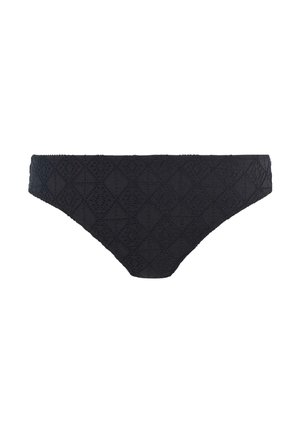 Zwarte kanten bikini slip met een geometrisch ruitpatroon, met een lage taille en zachte textuur, ontworpen voor comfort en stijl.