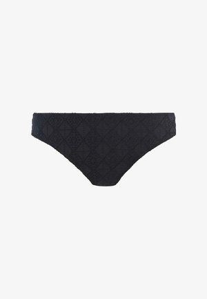 Zwarte kanten bikini slip met een geometrisch ruitpatroon, met een lage taille en zachte textuur, ontworpen voor comfort en stijl.