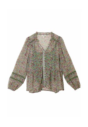 Bluse mit Blumenmuster, langen, mit Volants besetzten Ärmeln, V-Ausschnitt und durchgehender Knopfleiste. Hergestellt aus leichtem, transparentem Stoff in Grün- und Pinktönen.