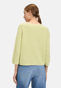 Kurzärmliger, verkürzter Pullover aus hellgrünem, strukturiertem Strickstoff. Rundhalsausschnitt und Rippendesign, kombiniert mit blauen Jeans.