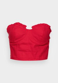 Top bustier vermelho curto com decote arredondado e bordas franzidas. Feito de tecido sólido com costuras estruturadas e um design ajustado.