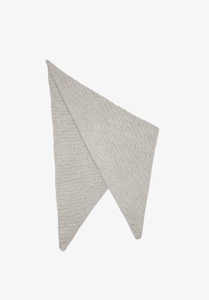 Grijze wollen sjaal met een getextureerd, geribbeld patroon. Heeft een driehoekige vorm met twee langwerpige puntige uiteinden en minimale stiksels.