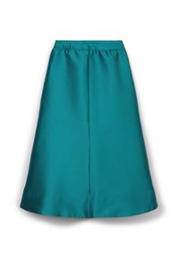 Tropfengrüner Satinrock mit elastischem Bund, knielangem A-Linien-Design, glatter Textur und einer mittigen Naht auf der Rückseite.