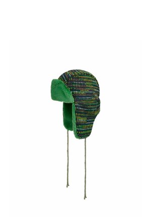 Knitted winter trapper hat with green, blue, and yellow pattern, green faux fur lining, ear flaps, and chin straps hanging down.