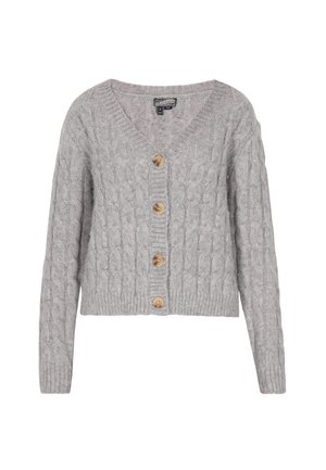 Svijetlosivi kardigan od čarapa s V-izrezom, s pet drvenih dugmadi i rebrastim manžetama i rubom. Mekana tekstura s klasičnim dizajnom.