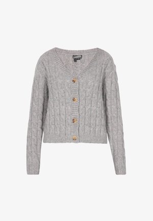 Hellgrauer, kabelgestrickter Cardigan mit V-Ausschnitt, ausgestattet mit fünf Holzknöpfen sowie ribbelten Bündchen und Saum. Weicher Stoff mit klassischem Design.