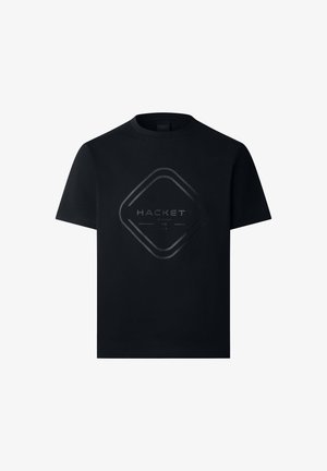 Svart bomull t-shirt med en texturerad diamantformad logotyp i en mörkare nyans, rund hals och korta ärmar.