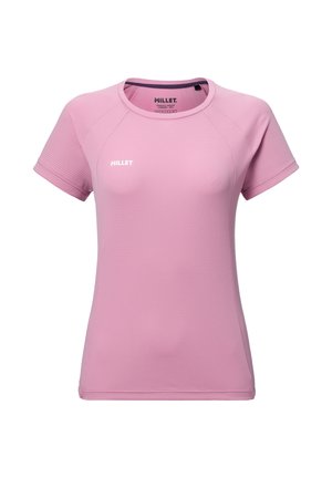 T-shirt de sport rose clair à manches courtes avec col rond et logo "MILLET" sur la poitrine et à l'intérieur du col.