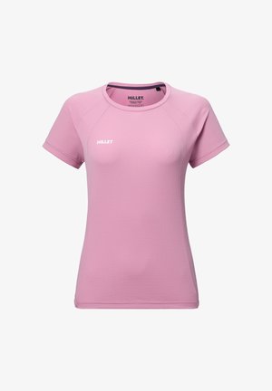 T-shirt de sport rose clair à manches courtes avec col rond et logo "MILLET" sur la poitrine et à l'intérieur du col.