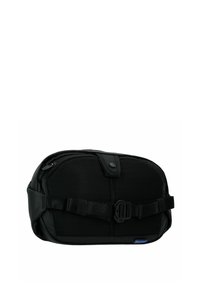 Borsa nera in nylon con forma arrotondata, dettagli in rete, chiusura a scatto superiore e una tracolla regolabile sulla parte anteriore per fissare gli oggetti.