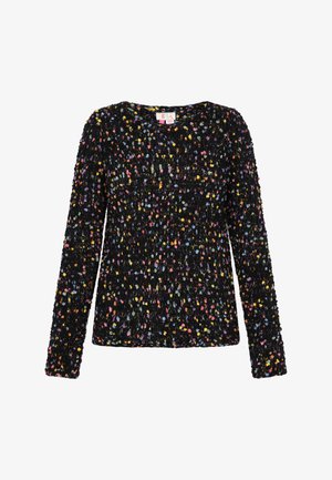 Mustapohja pitkähihainen paita, jossa on tekstuurinen kangas ja värikkäitä kukkakuoseja. Pyöreä kaula-aukko, rento malli, venyttävää materiaalia.