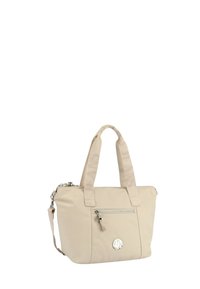 Beige syntetisk tote-väska med korta handtag och justerbar axelrem, med en framficka med dragkedja och cirkulär logotypdetalj.