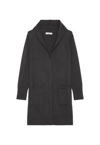 Charcoal gray cardigan with a large shawl collar, two front pockets, and long sleeves. Made of soft, textured fabric with an open front design.