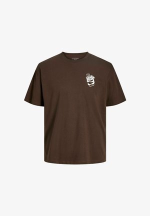 T-shirt di cotone marrone con vestibilità comoda. Presenta una grafica bianca sul lato sinistro del petto raffigurante una tazza fumante con la scritta "Good". Maniche corte.