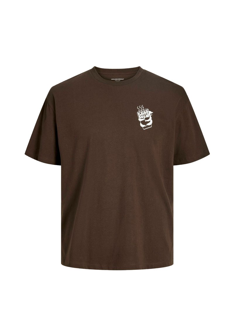 Pruun puuvillane t-särk lahtise lõikega. Vasakul rinnal on valge pilt, mis kujutab aurava tassi ja sõna "Good". Lühikesed varrukad.