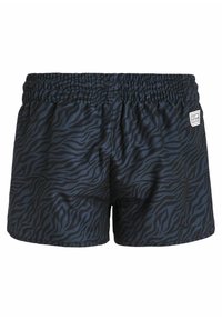 Zwarte zwembroek met een donker zebra-strikpatroon, elastische tailleband en een klein logo-opdruk aan de zijkant. Soepel, lichtgewicht materiaal.