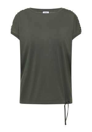 Haut court pour femme vert foncé à manches courtes, avec col rond, détails froncés aux manches et cordon ajustable à la base sur le côté droit.