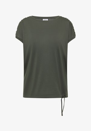 Mørkegrøn kortærmet top til kvinder med rund hals, rynkede ærmedetaljer og justerbar snøre i højre side af bundkanten.