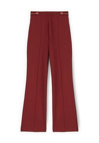 Bordeaux flared broek van een gladde stof, met een hoge taille, plooien aan de voorkant en gouden hardware op de tailleband.