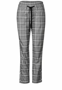 Grijze broek met ruitpatroon van zachte stof, voorzien van een elastische tailleband met een zwarte trekkoord voor verstelbaarheid en comfort.