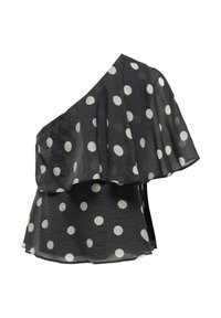 Blouse noire à une épaule avec des pois blancs et un détail de volants superposés sur un fond blanc uni.