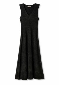 Svart ärmlös klänning med V-krage, ribbad textur, flödande midilängd kjol och subtila metalliska accenter genom tyget.