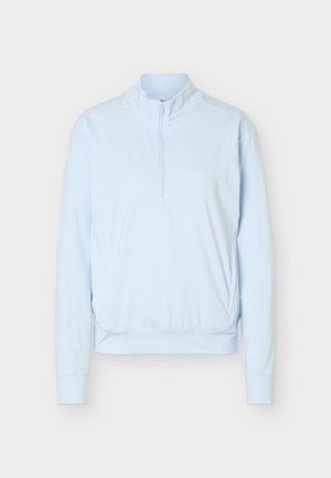 Pull-over bleu clair à manches longues avec fermeture éclair au quart, col montant, taille et poignets élastiques, présenté sur un fond blanc.