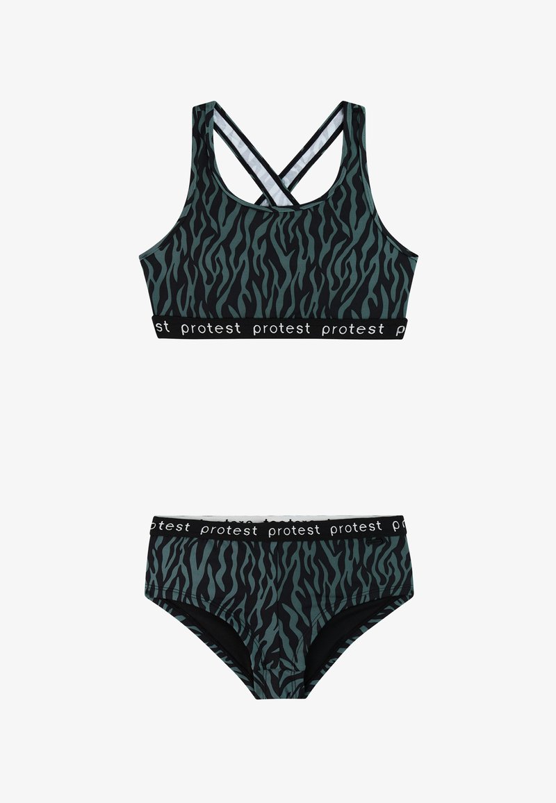 Dvojdielne plavky so zeleno-čiernym zebrovým vzorom, elastické pásiky s nápisom "protest", zložené z hornej časti s krížovým chrbtom a spodnej časti.