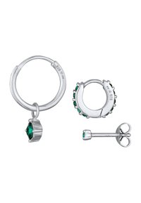 Silverörhängen med en cirkulär hoopsdesign, prydda med gröna ädelstenar och en hängande sten detalj. Inkluderar en stud med en säker baksida.