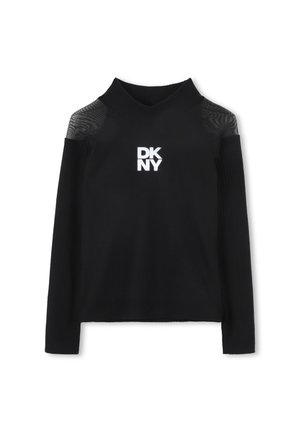 Zwarte geribbelde lange mouw top met hoge halslijn, voorzien van doorschijnende mesh schouderaccenten en een witte "DKNY" logo aan de voorkant.