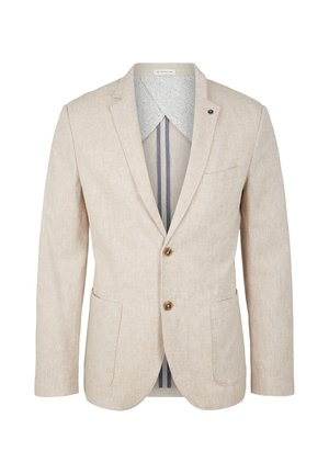 Blazer beige à simple boutonnage avec deux boutons marron, col à revers cranté, deux poches avant, et doublure intérieure à motifs avec des rayures verticales et un motif géométrique.