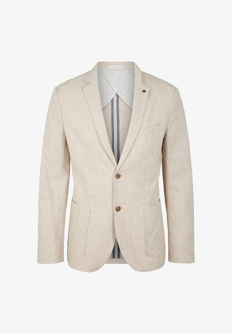 Blazer beige à simple boutonnage avec deux boutons marron, col à revers cranté, deux poches avant, et doublure intérieure à motifs avec des rayures verticales et un motif géométrique.