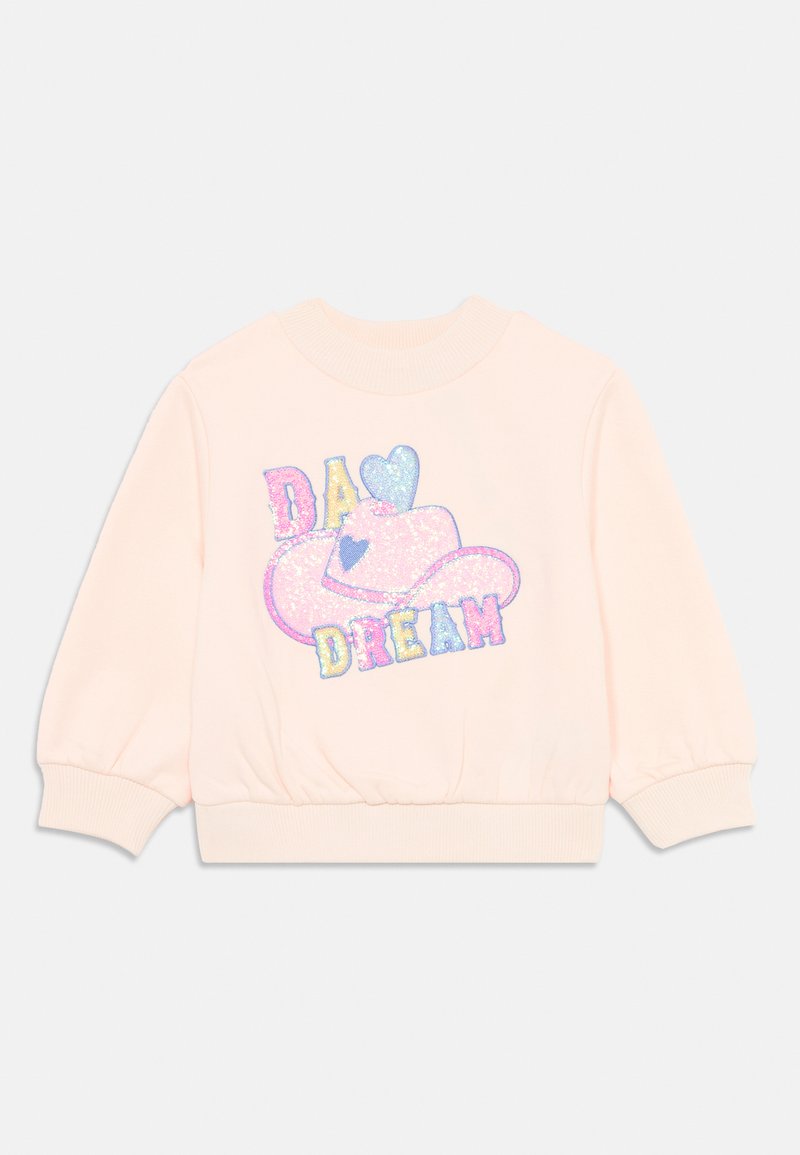 Felpa rosa con polsini e orlo a costine. Presenta una grafica luccicante "DA DREAM" e un design di un cappello a forma di cuore in colori pastello.