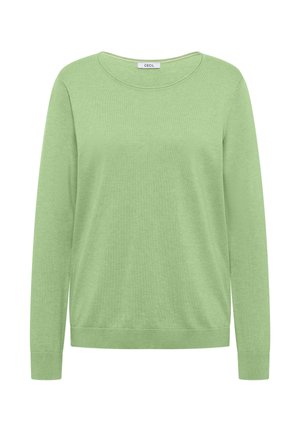 Lysegrøn bluse med rund hals, lange ærmer og ribstrikkede manchetter og kant, strikket stof, med mærket "CECIL" i halsudskæringen.